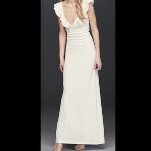 DB Studio Plunging V-Neck Ruffle Strap Low Back Crepe Gown, Size 2